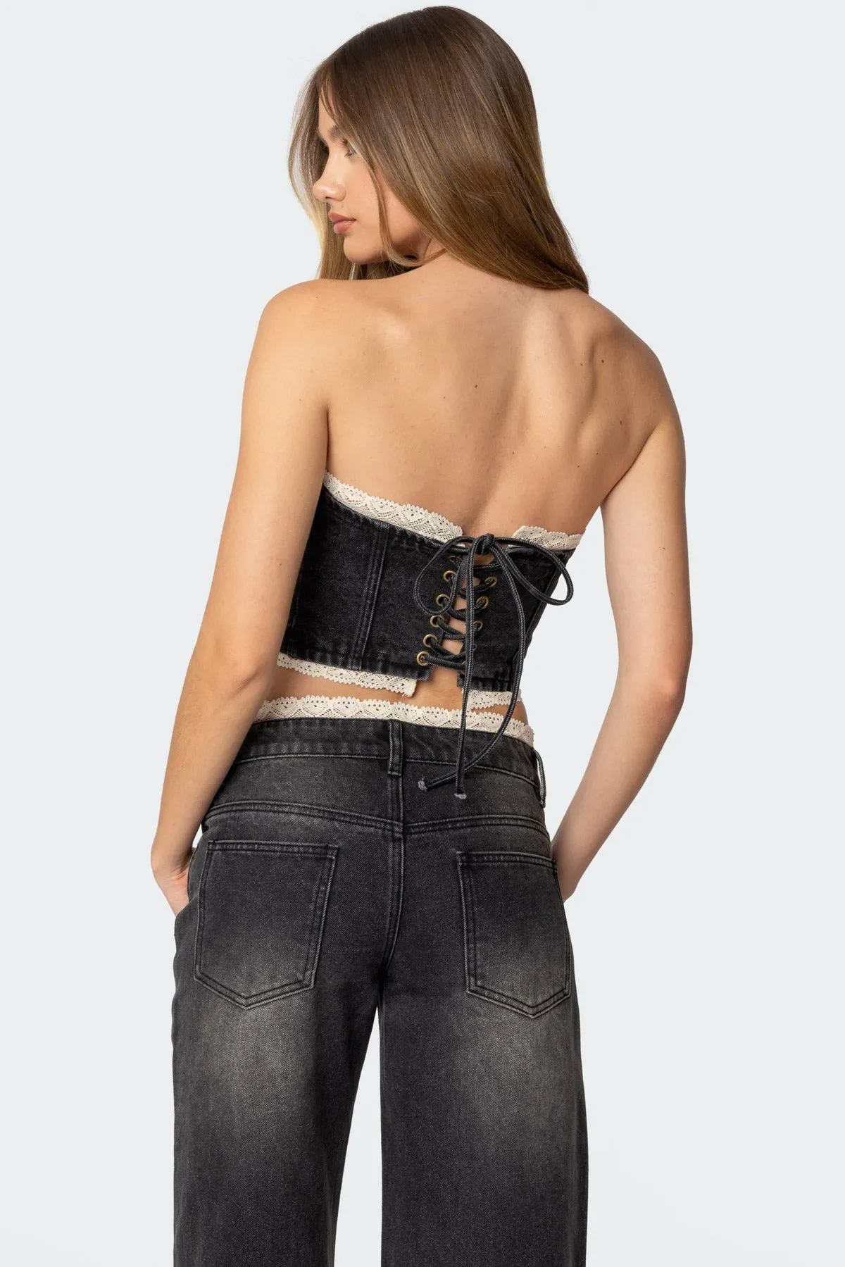 Karlie Lace Trim Denim Tube Top sold by Edikted product image thumbnail 4