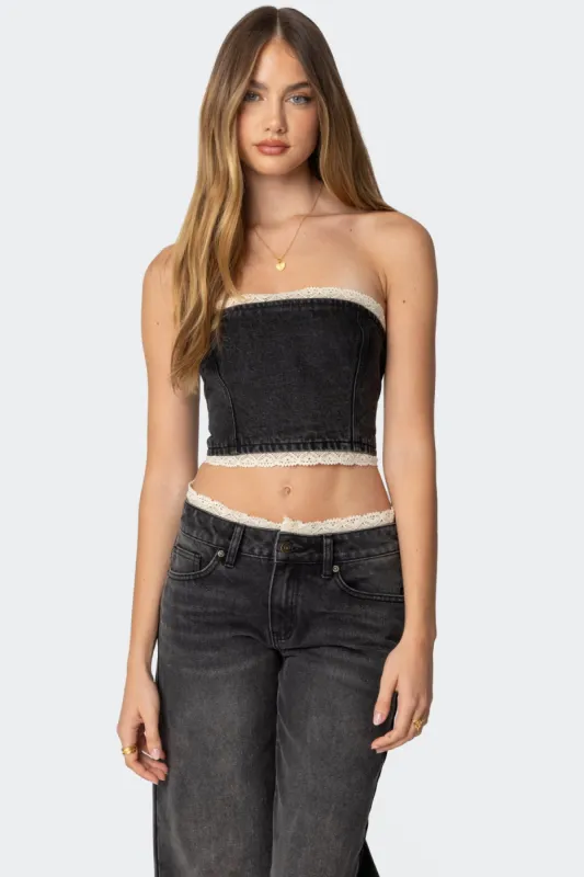 Karlie Lace Trim Denim Tube Top sold by Edikted