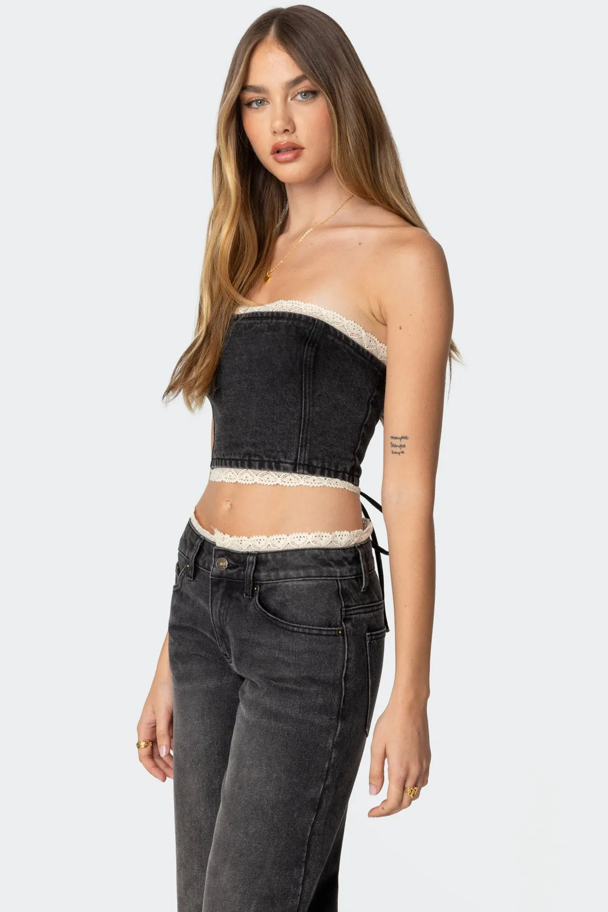 Karlie Lace Trim Denim Tube Top sold by Edikted product image thumbnail 3