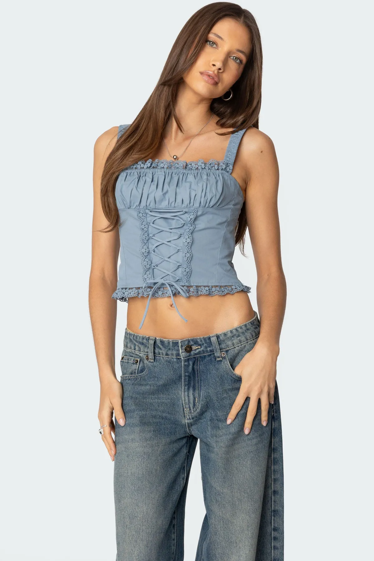 Juliet Ruched Lace Up Corset sold by Edikted