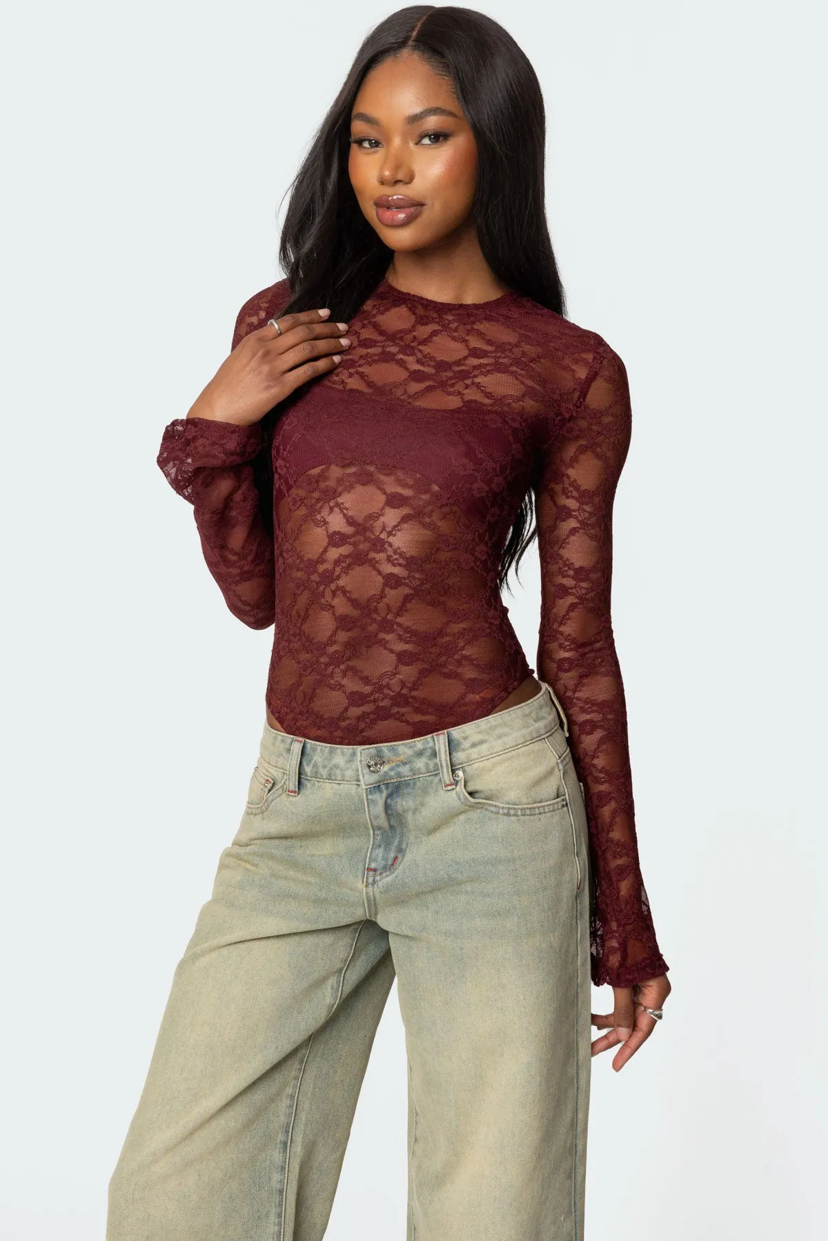 Colette Sheer Lace Bodysuit sold by Edikted