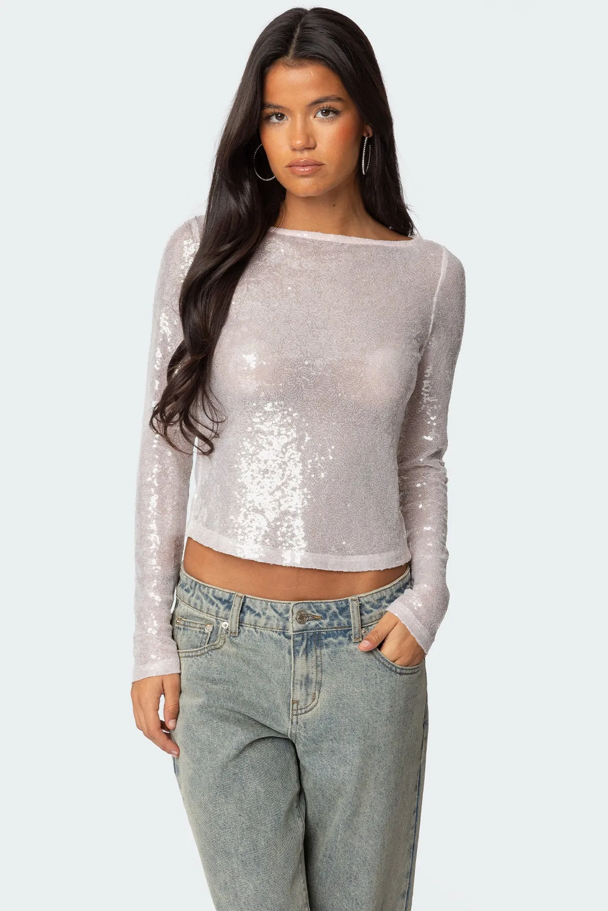 Sheer Sequin Boat Neck Top sold by Edikted