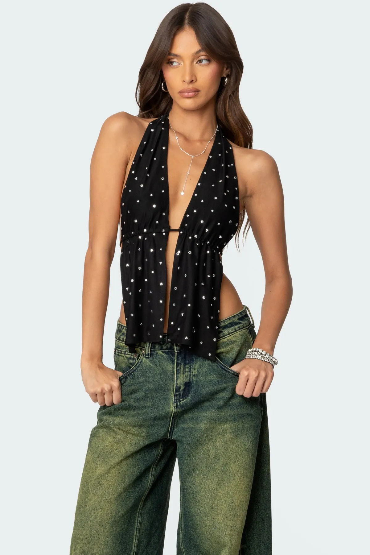 Studded Open Back Halter Top sold by Edikted