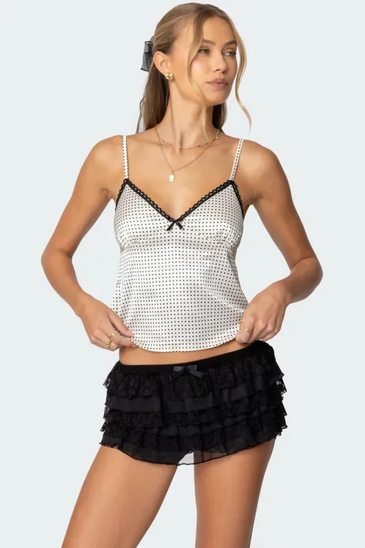 Polka Dot Satin Effect Lace Trim Top sold by Edikted