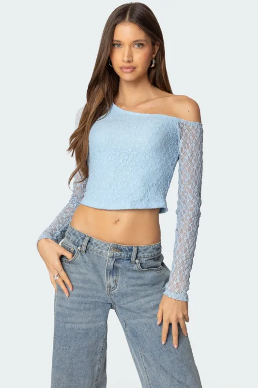 Fabia Asymmetric Textured Lace Top sold by Edikted