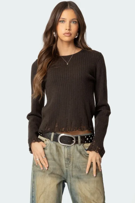 Distressed Ribbed Knit Sweater sold by Edikted
