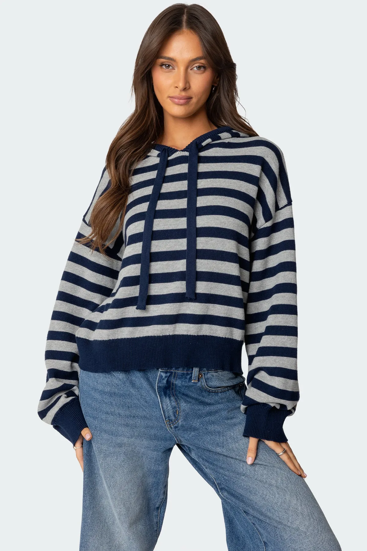 Striped Hooded Knit Sweater sold by Edikted