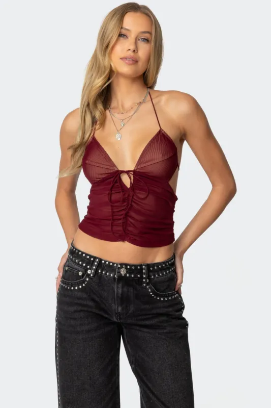 Strappy Ruched Mesh Top sold by Edikted