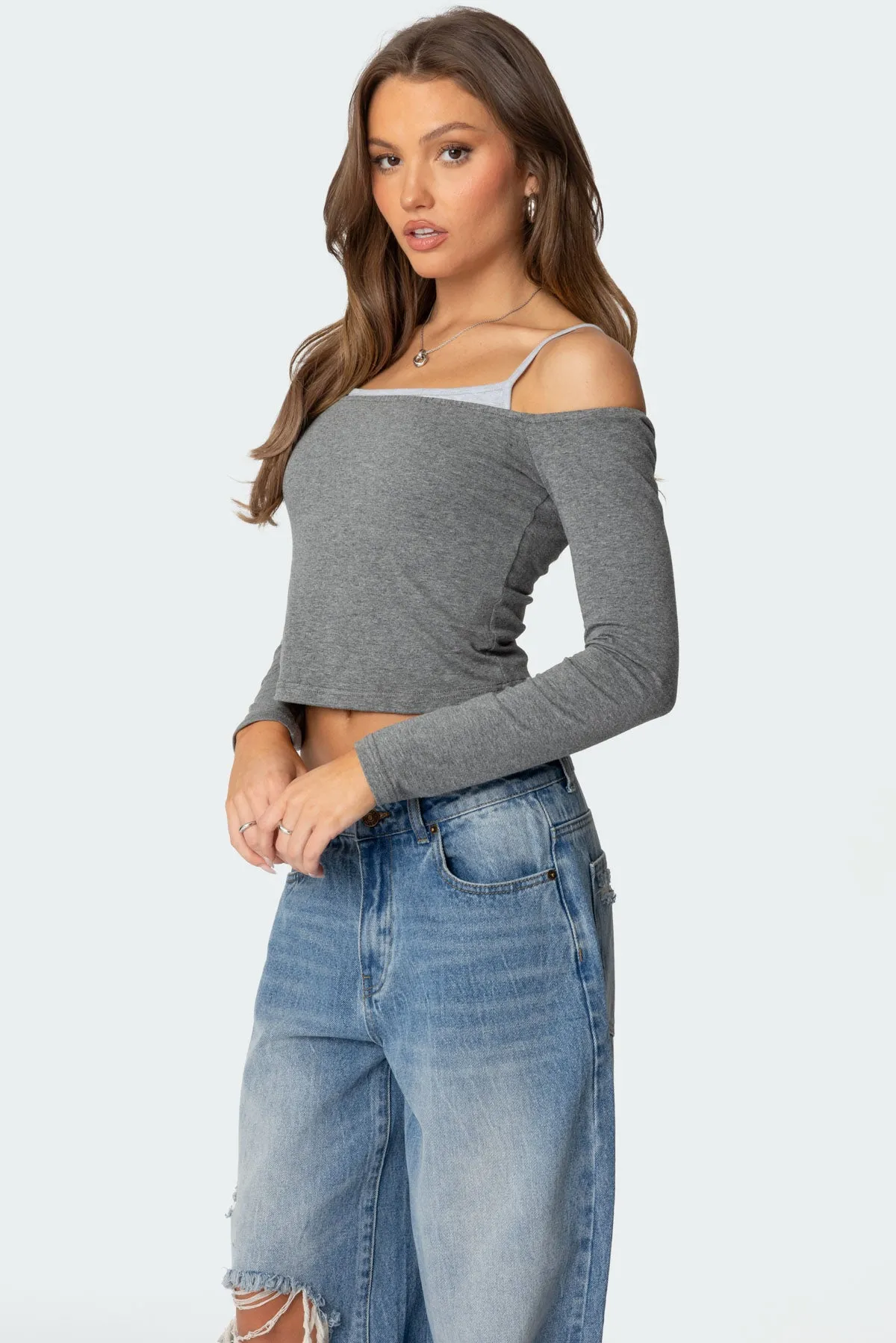 Off Shoulder Layered Long Sleeve T Shirt sold by Edikted product image thumbnail 3