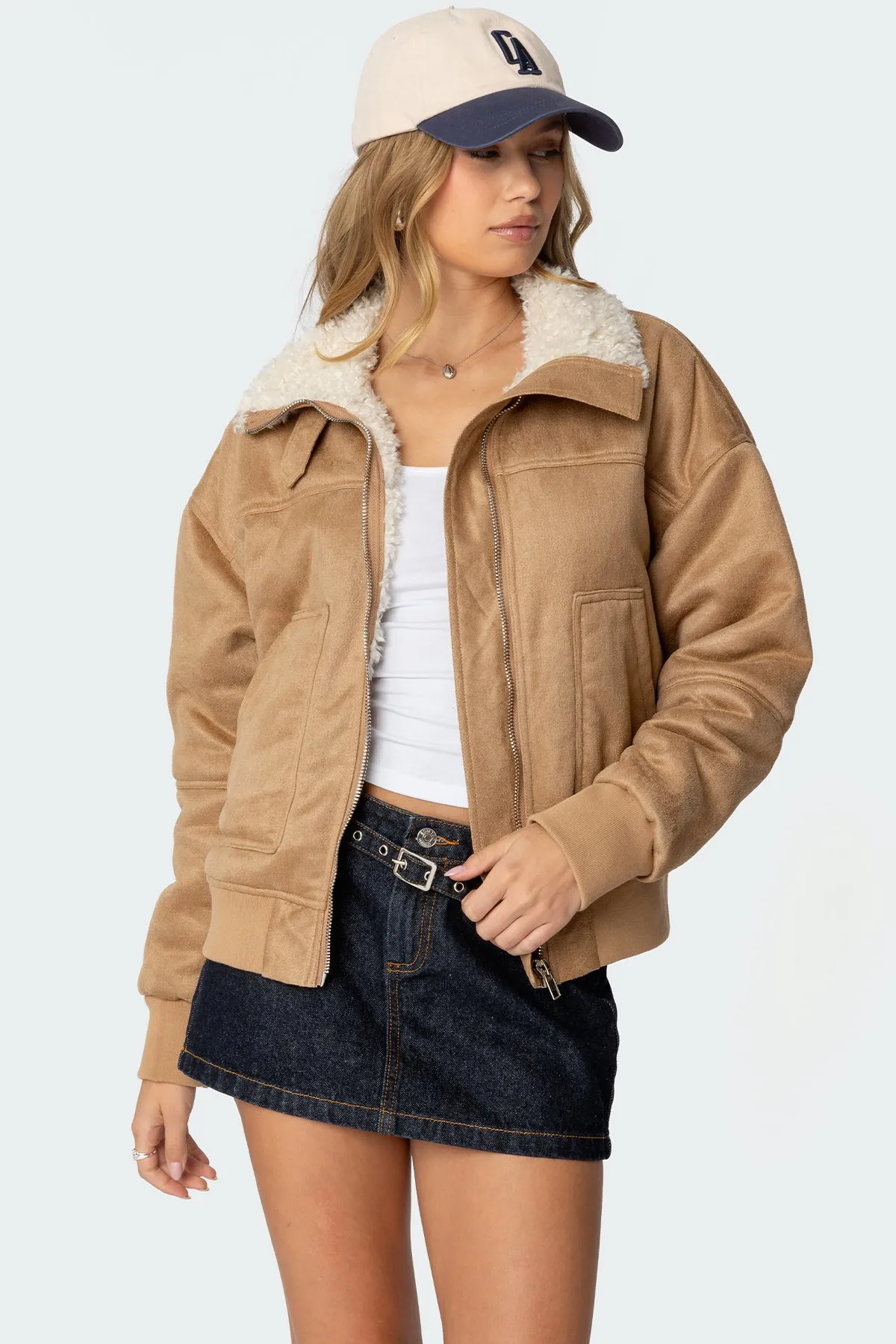 Faux Suede Shearling Bomber Jacket sold by Edikted