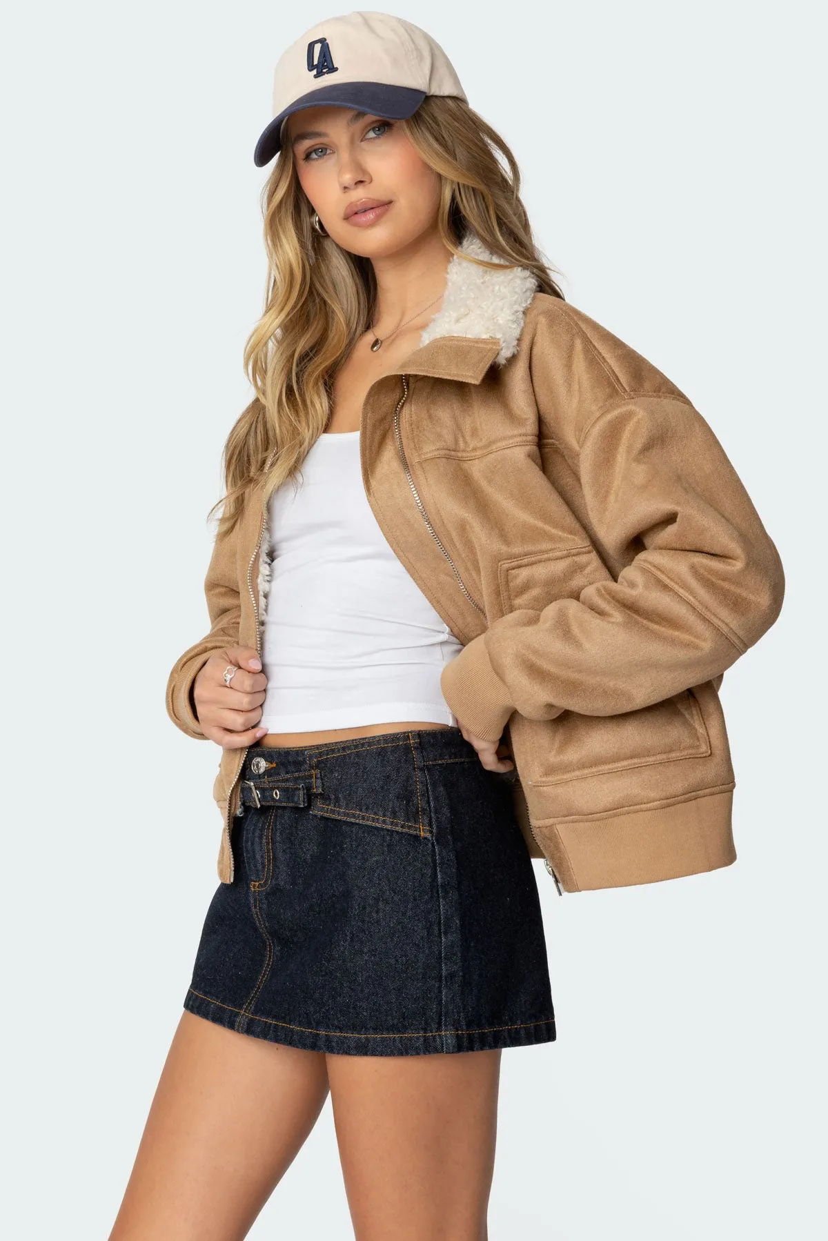 Faux Suede Shearling Bomber Jacket sold by Edikted product image thumbnail 3