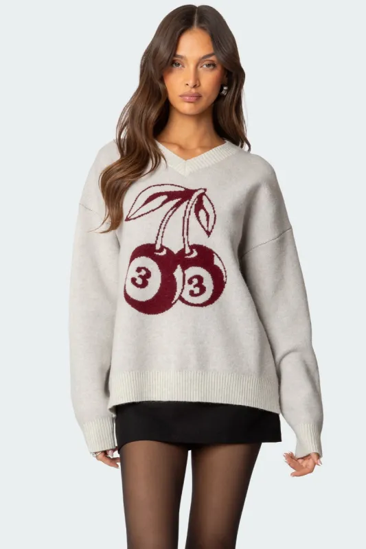 Cherry 3 Oversized V Neck Sweater sold by Edikted