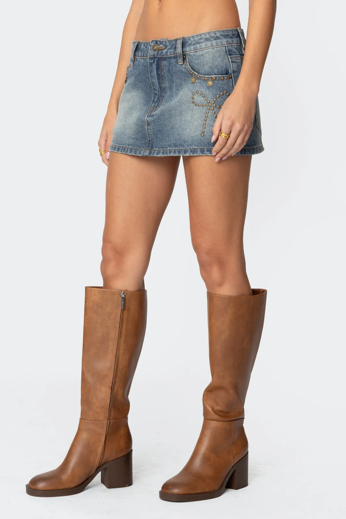 Studded Bow Distressed Denim Mini Skirt sold by Edikted product image thumbnail 4