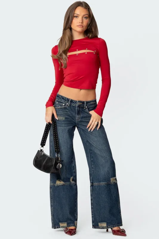 Slitted Distressed Low Rise Jeans sold by Edikted