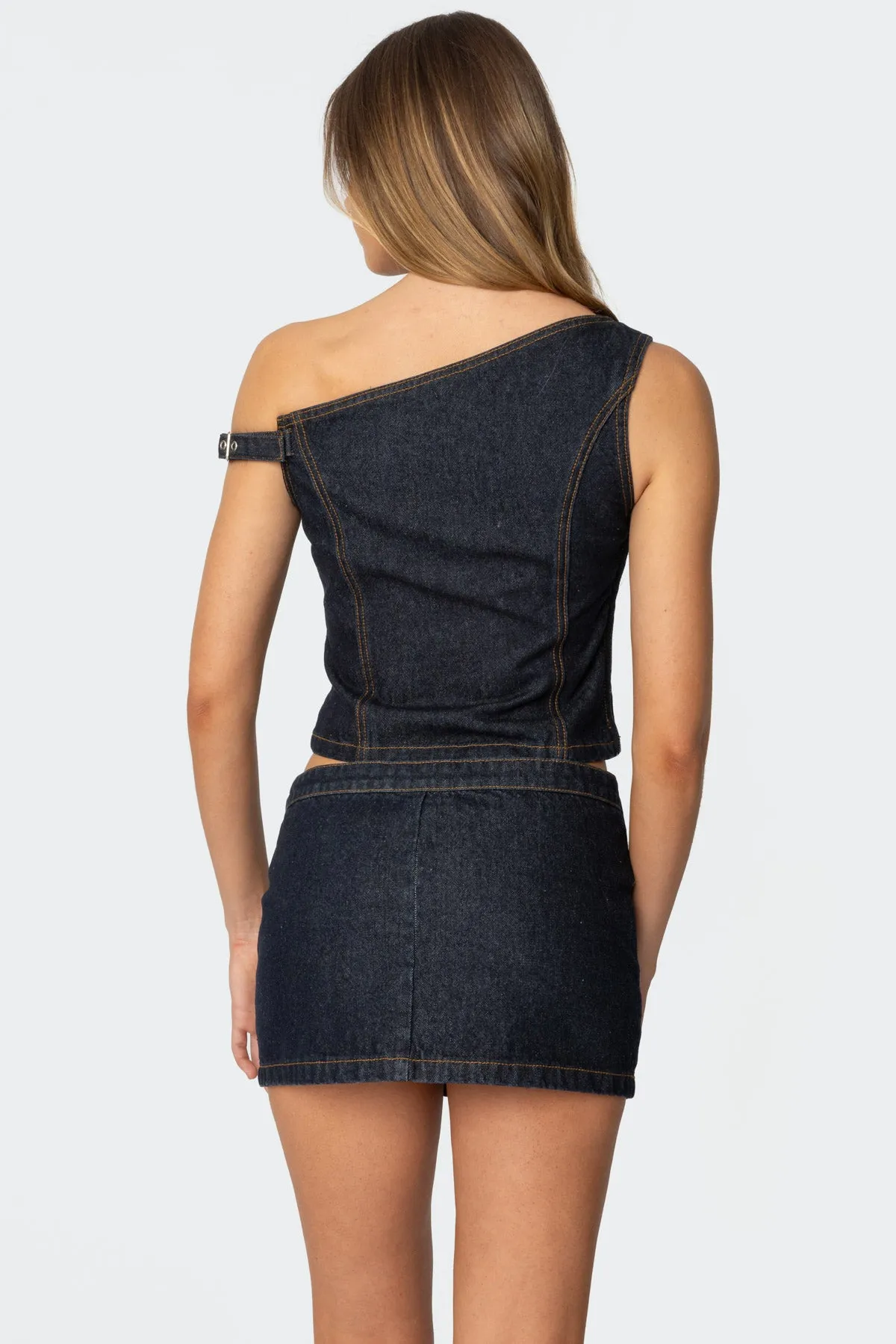Keira Buckled Asymmetric Denim Top sold by Edikted product image thumbnail 5
