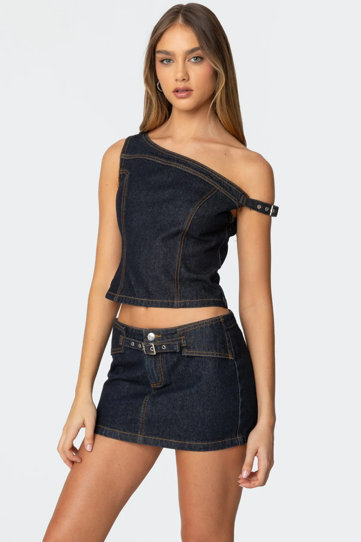 Keira Buckled Asymmetric Denim Top sold by Edikted product image thumbnail 3