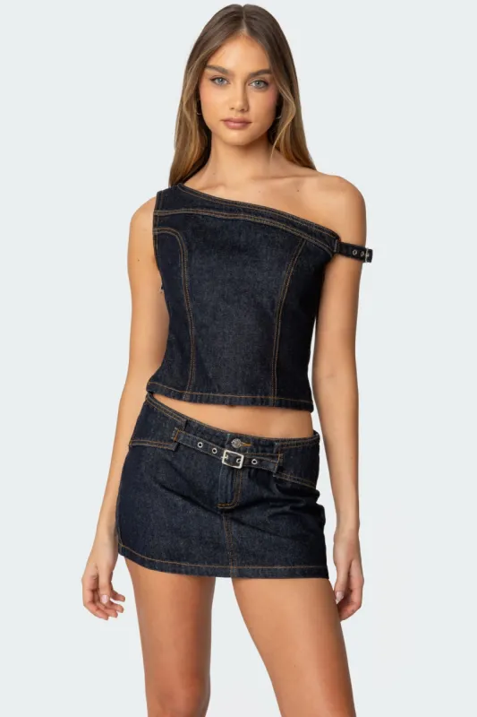 Keira Buckled Asymmetric Denim Top made by Edikted