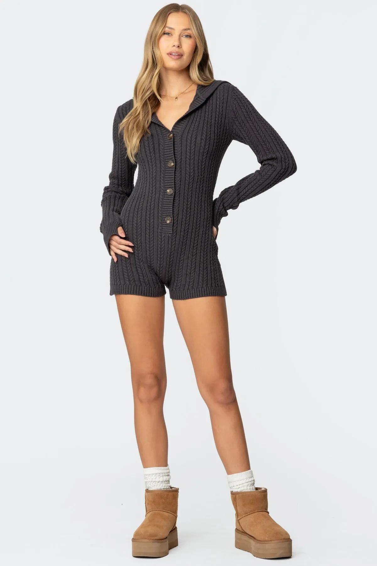 Hooded Cable Knit Romper sold by Edikted product image thumbnail 5