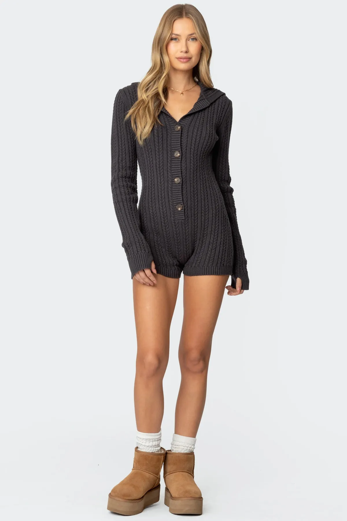 Hooded Cable Knit Romper sold by Edikted