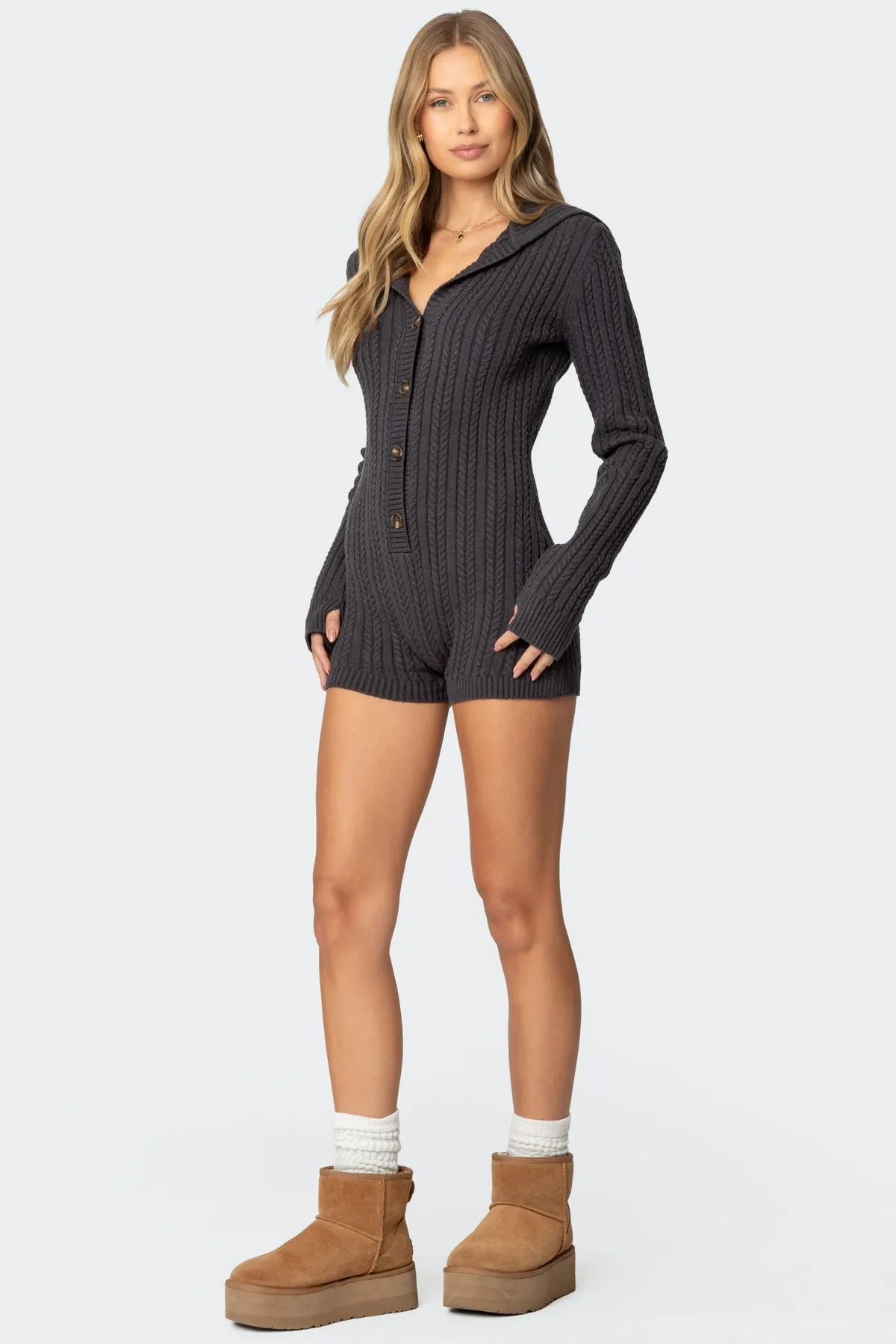 Hooded Cable Knit Romper sold by Edikted product image thumbnail 3