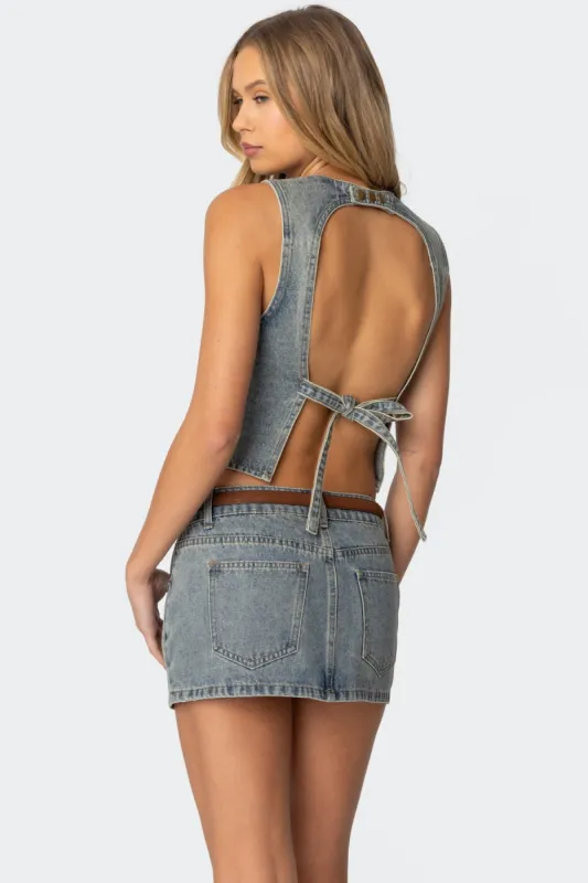 Quinlan Open Back Denim Top sold by Edikted