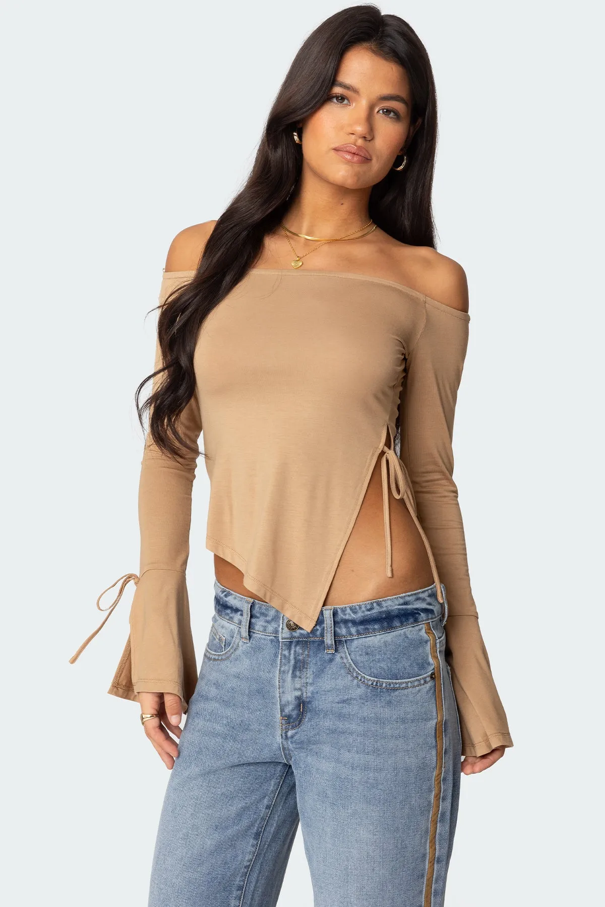 Jeni Asymmetric Off Shoulder Top sold by Edikted