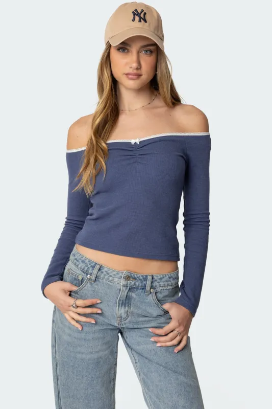 Tal Ruched Off Shoulder Top sold by Edikted
