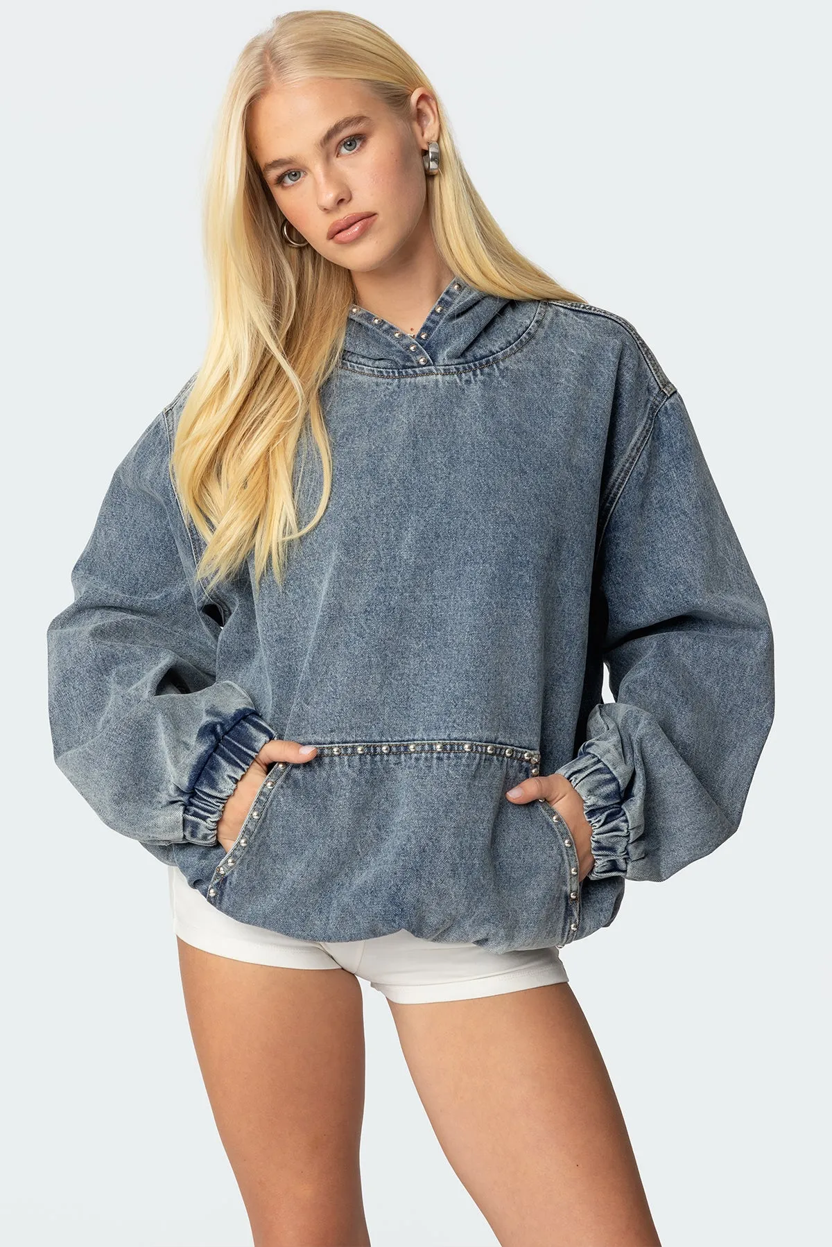 Marney Oversized Studded Denim Hoodie sold by Edikted