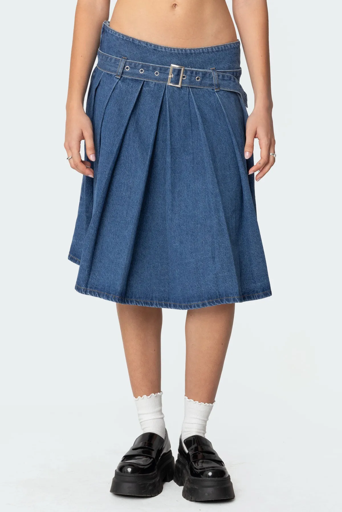 Belted Pleated Denim Midi Skirt sold by Edikted product image thumbnail 2