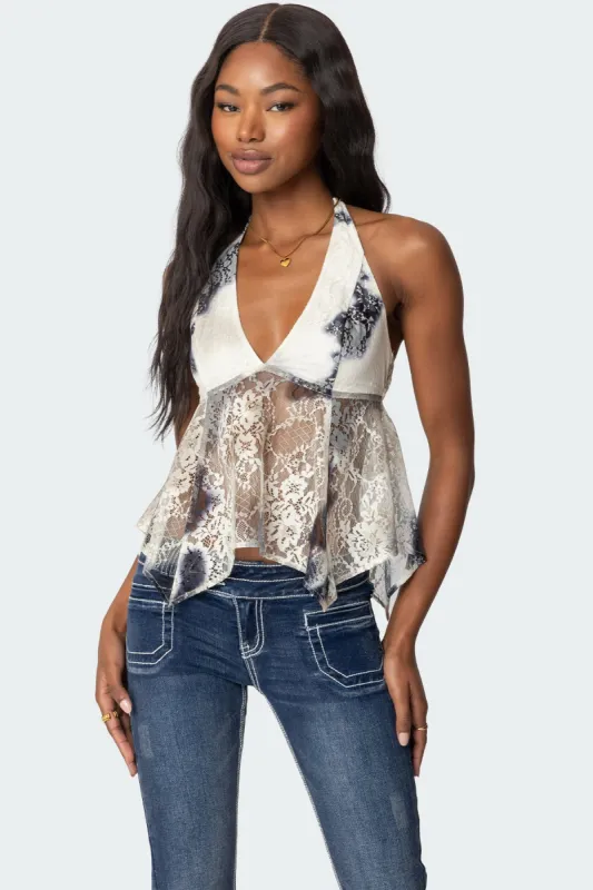 Asymmetric Printed Lace Halter Top sold by Edikted