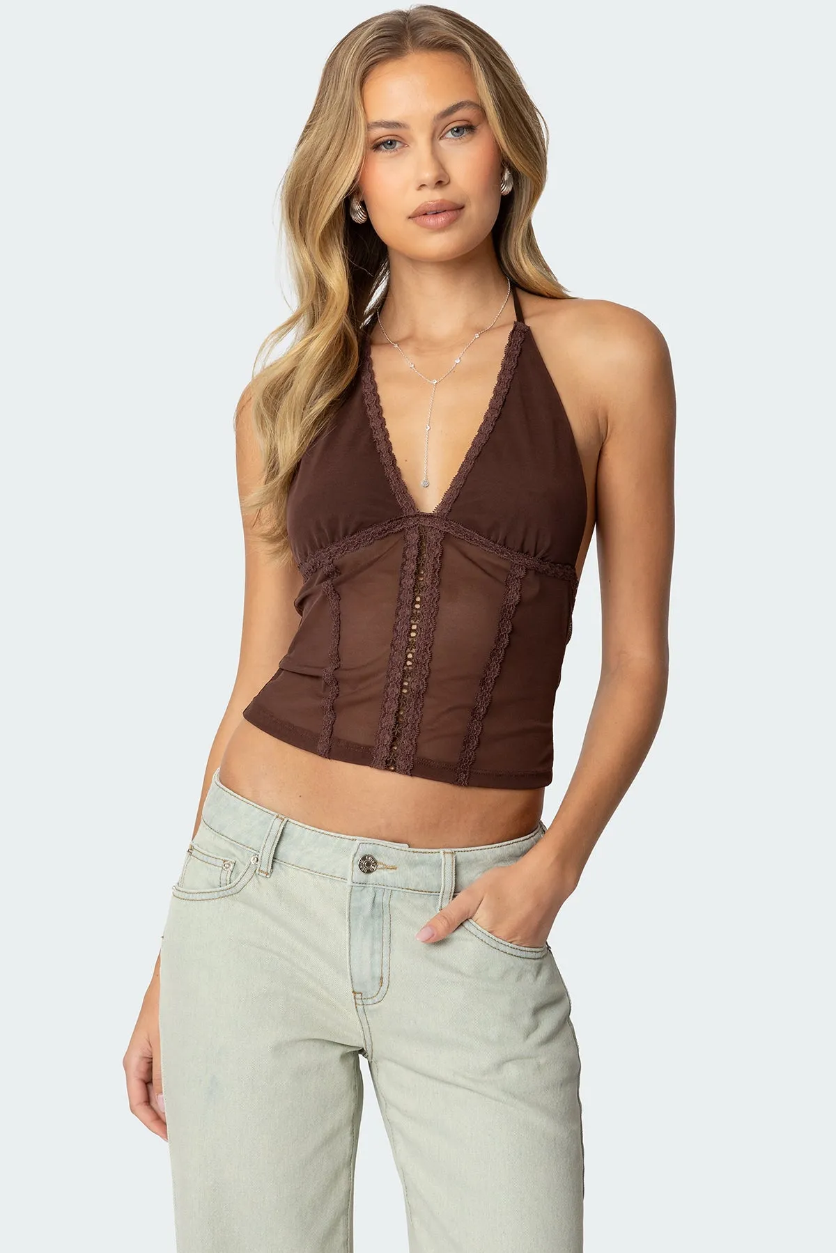Lucie Lacey Mesh Halter Top sold by Edikted