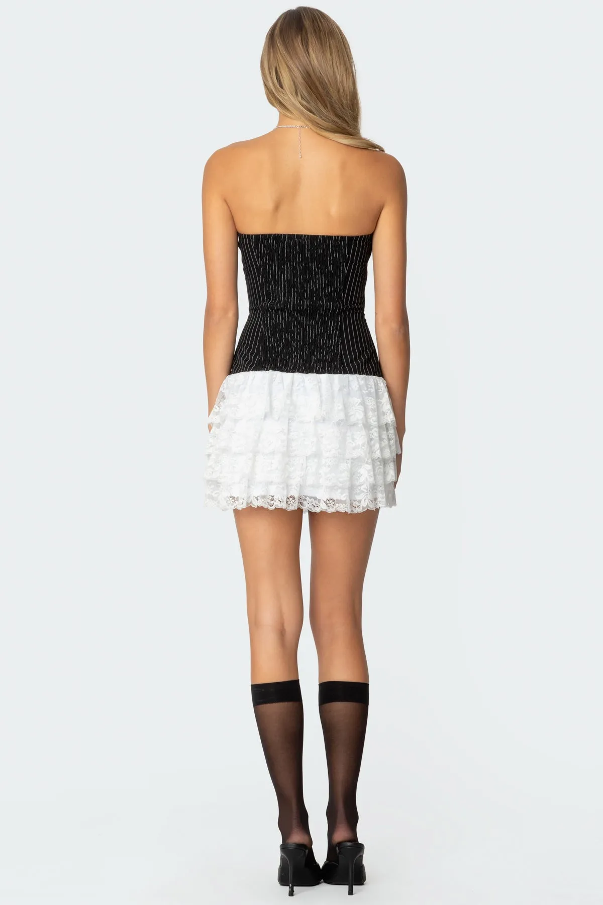 Strapless Pinstripe Ruffle Skirt Mini Dress sold by Edikted product image thumbnail 4