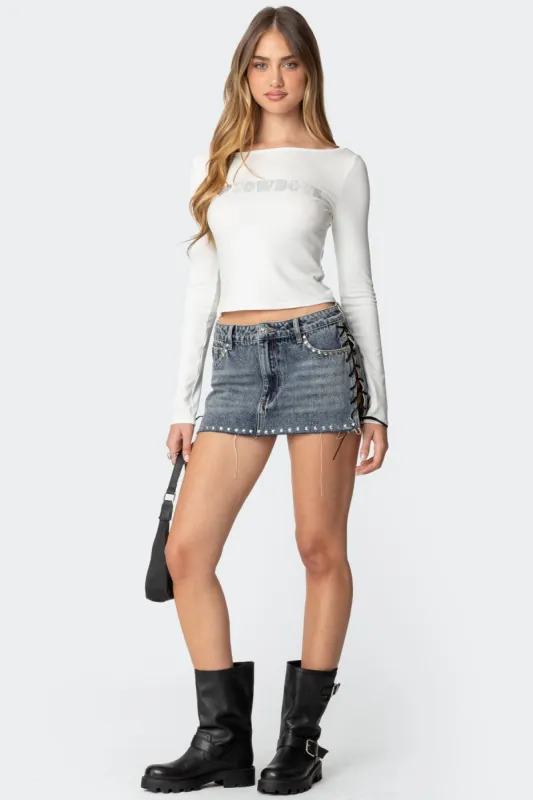 Casey Lace Up Denim Mini Skirt sold by Edikted