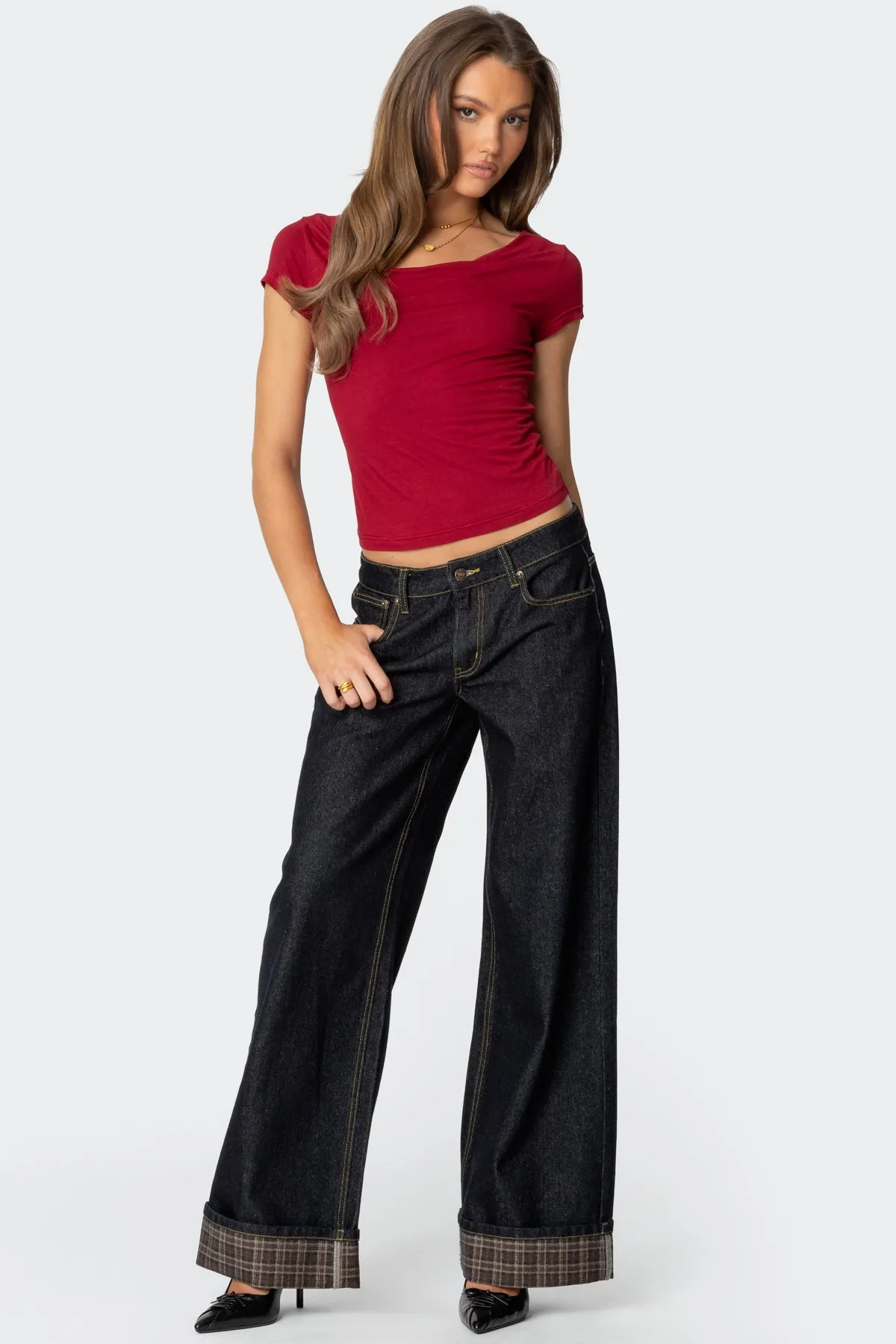 Plaid Cuffed Low Rise Baggy Jeans sold by Edikted