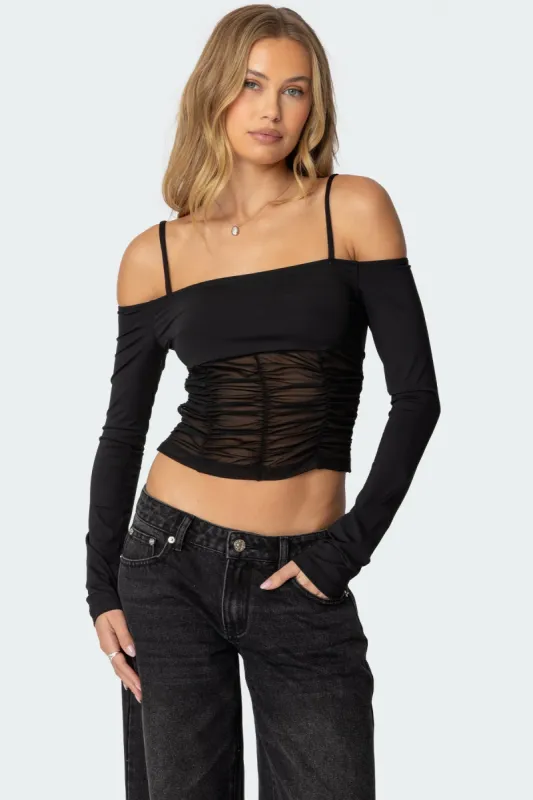 Susie Off Shoulder Mesh Top sold by Edikted