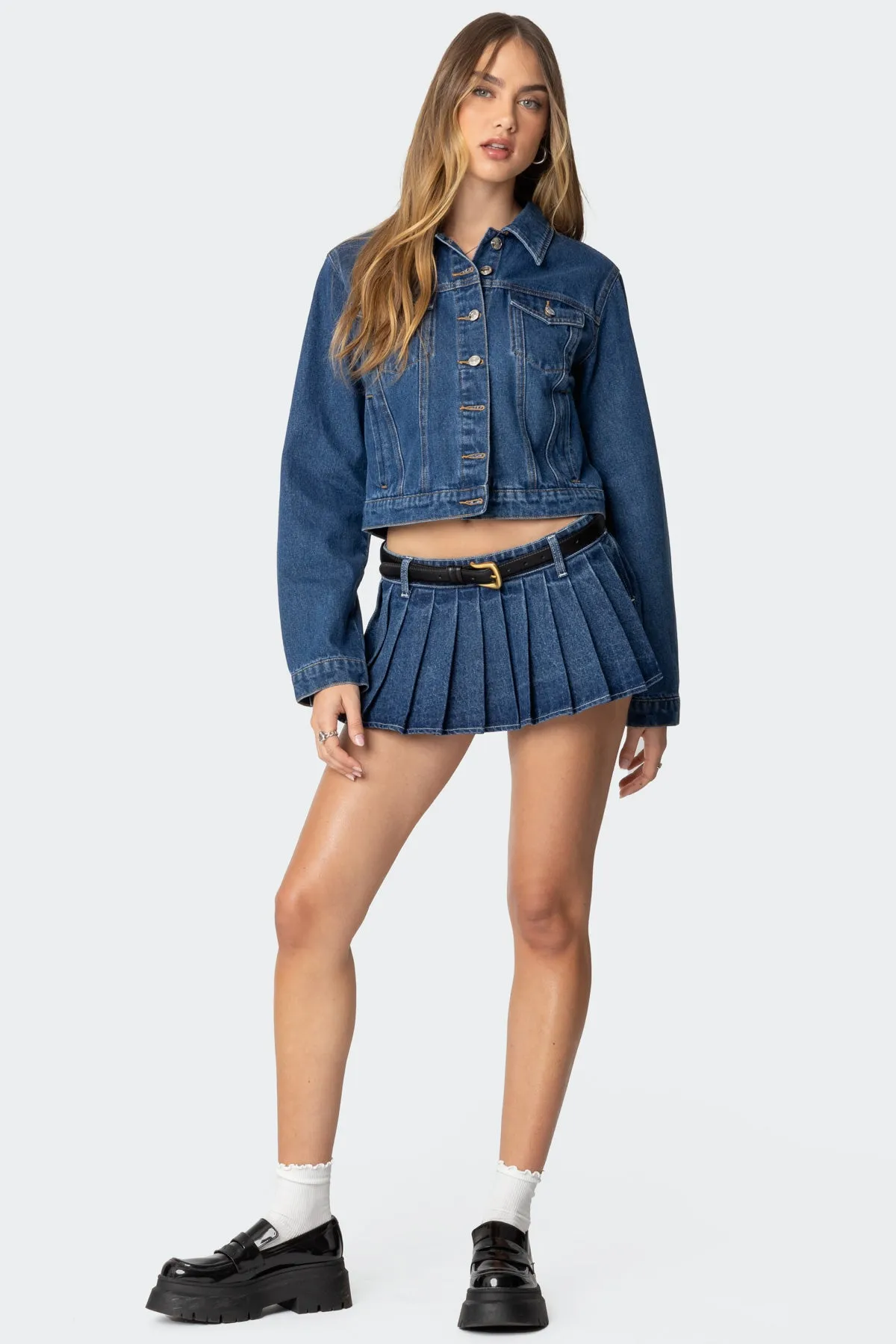 Zenia Denim Pleated Mini Skort sold by Edikted