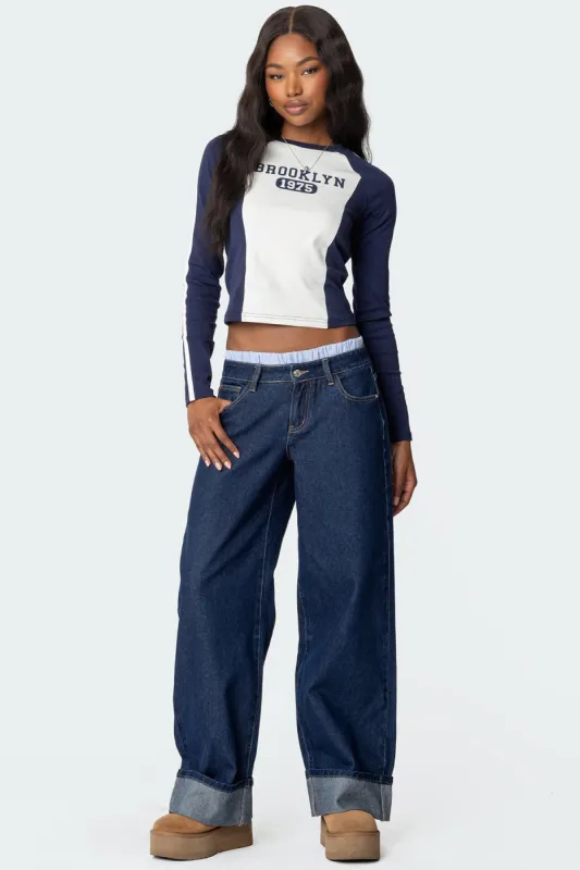 Striped Boxer Detail Low Rise Baggy Jeans sold by Edikted