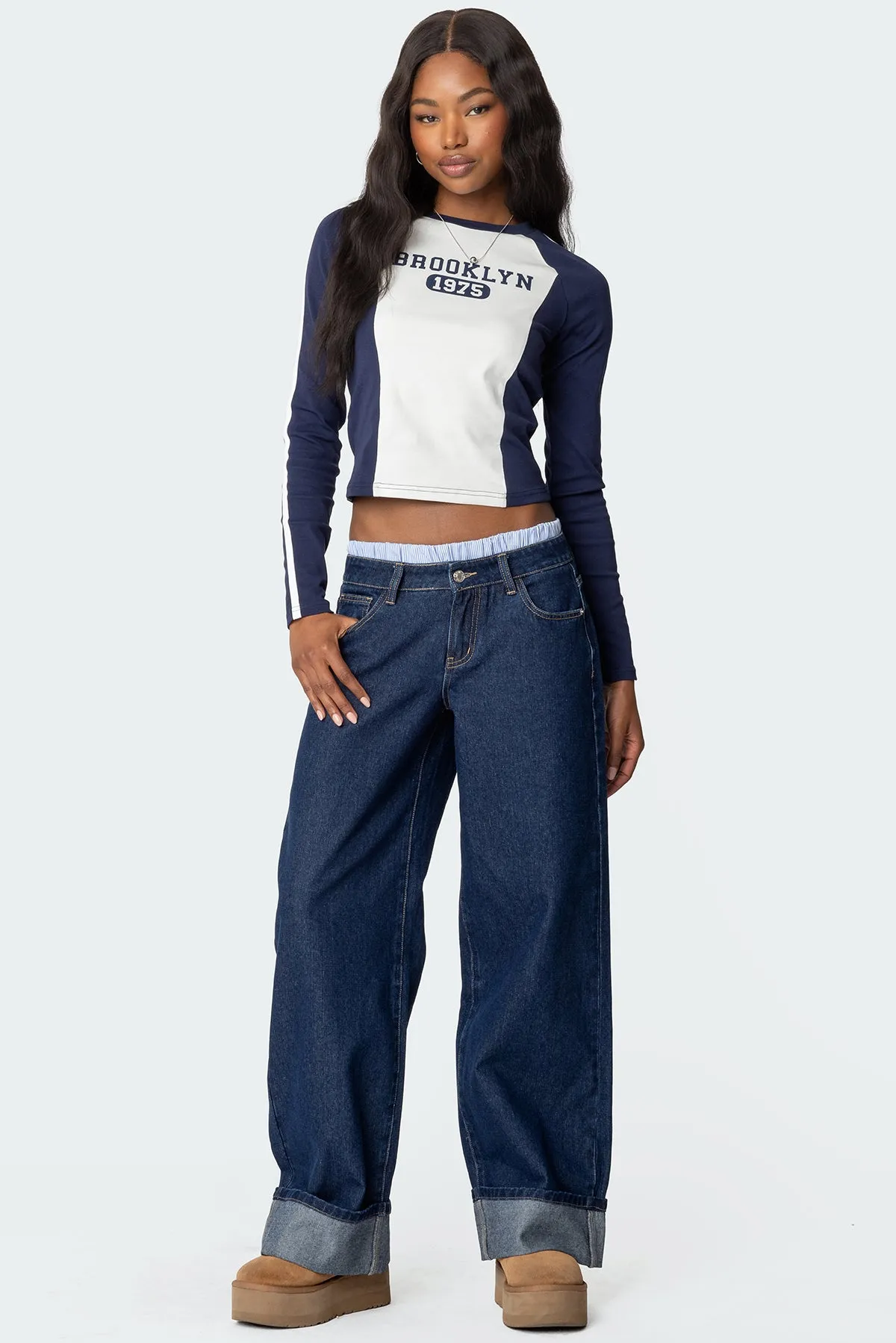 Striped Boxer Detail Low Rise Baggy Jeans sold by Edikted