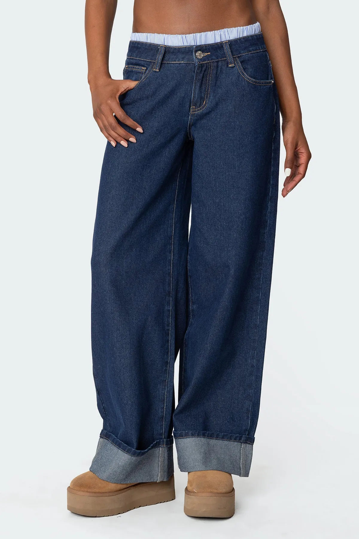 Striped Boxer Detail Low Rise Baggy Jeans sold by Edikted product image thumbnail 2