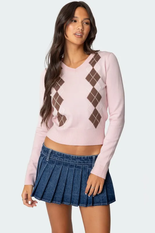Argyle V Neck Knit Sweater sold by Edikted