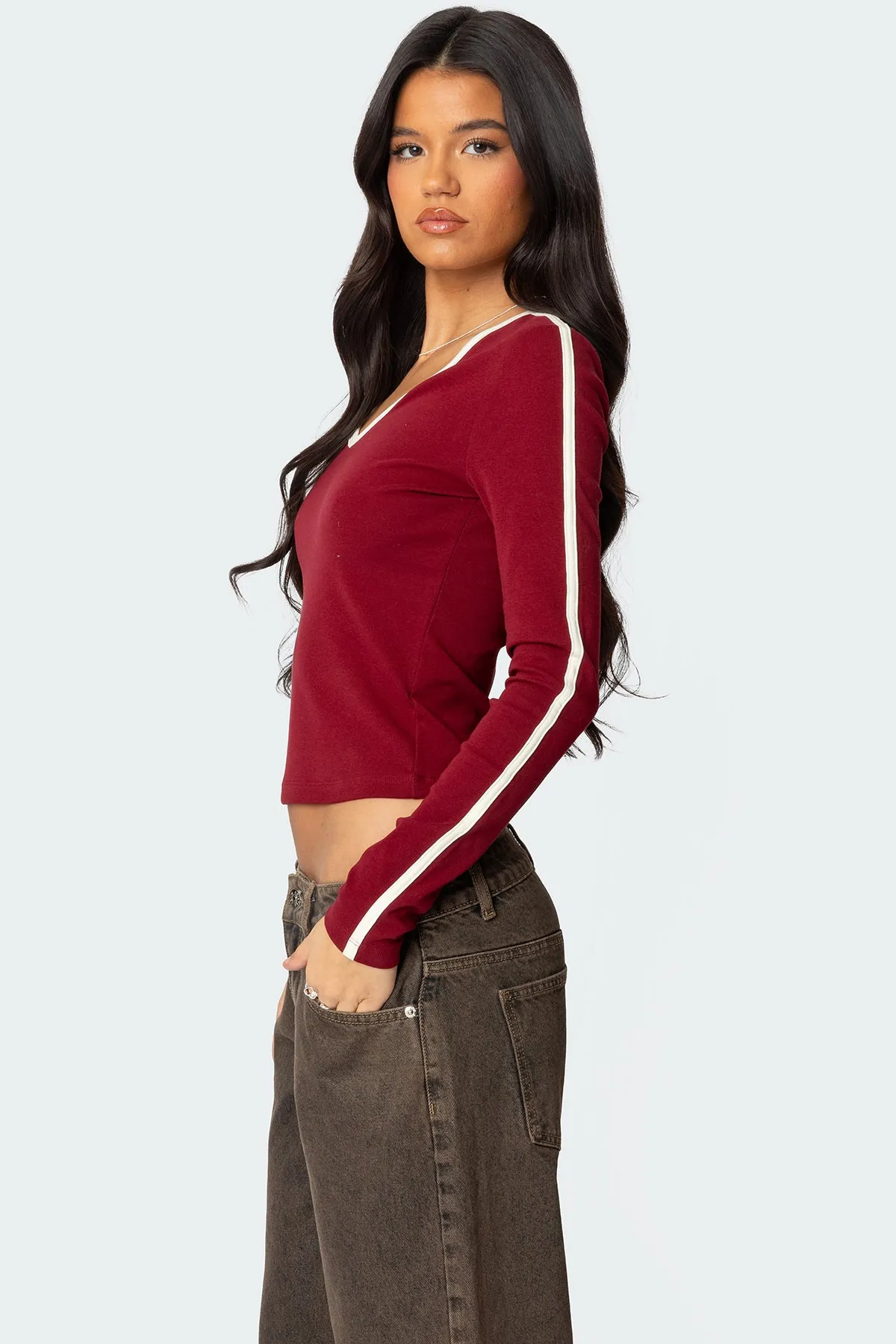 Contrast V Neck Long Sleeve T Shirt sold by Edikted product image thumbnail 3