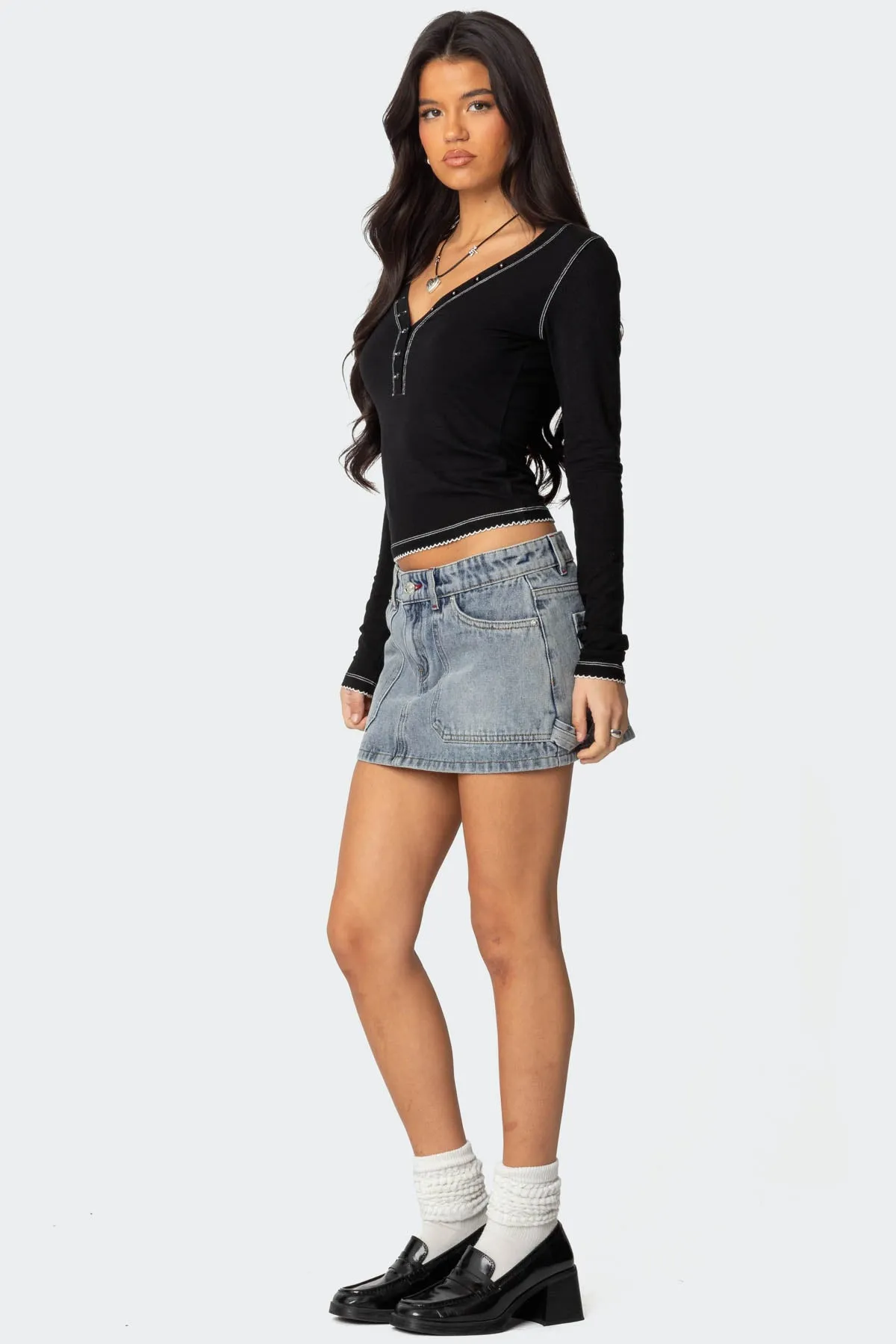 Yael Contrast Stitch Henley Top sold by Edikted product image thumbnail 5