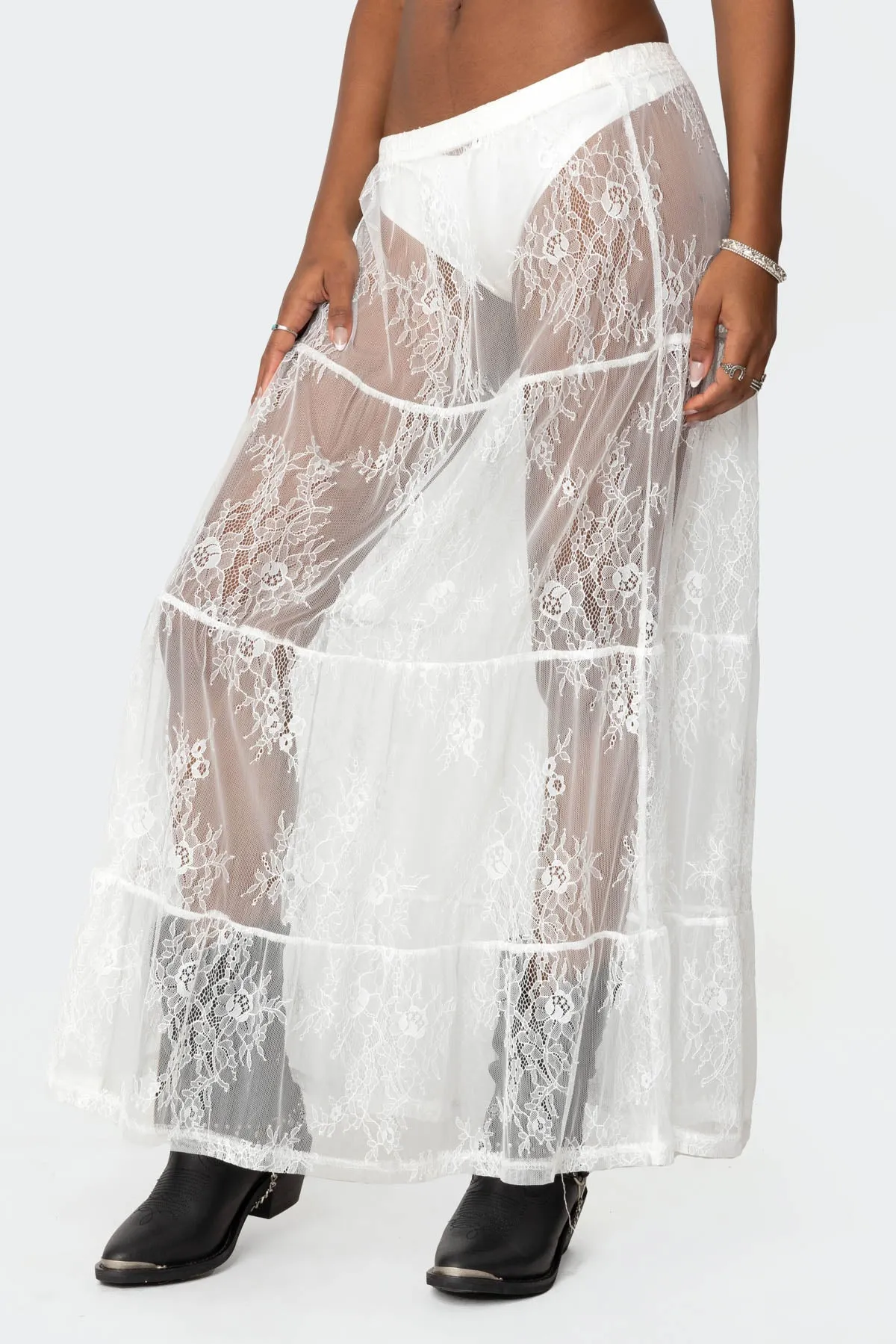 Tiered Sheer Lace Maxi Skirt sold by Edikted product image thumbnail 4