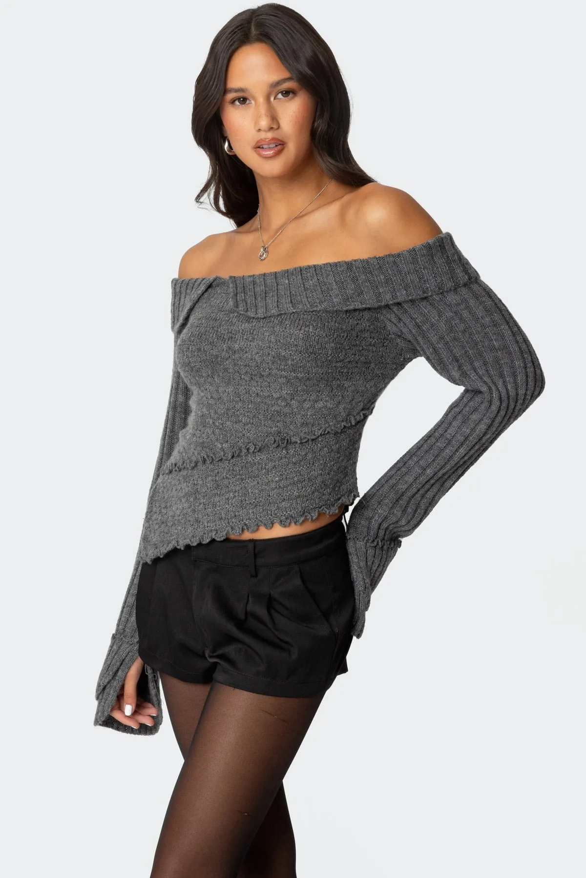 Mikkie Asymmetric Fold Over Knit Top sold by Edikted product image thumbnail 3