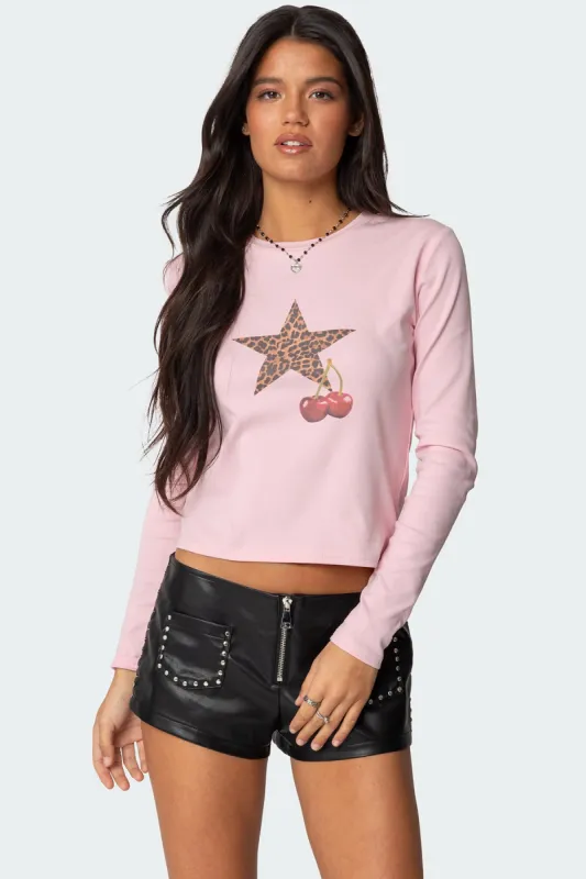 Cherry Leopard Star Long Sleeve T Shirt sold by Edikted