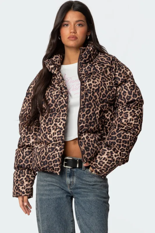 Dalya Leopard Printed Puffer Jacket sold by Edikted