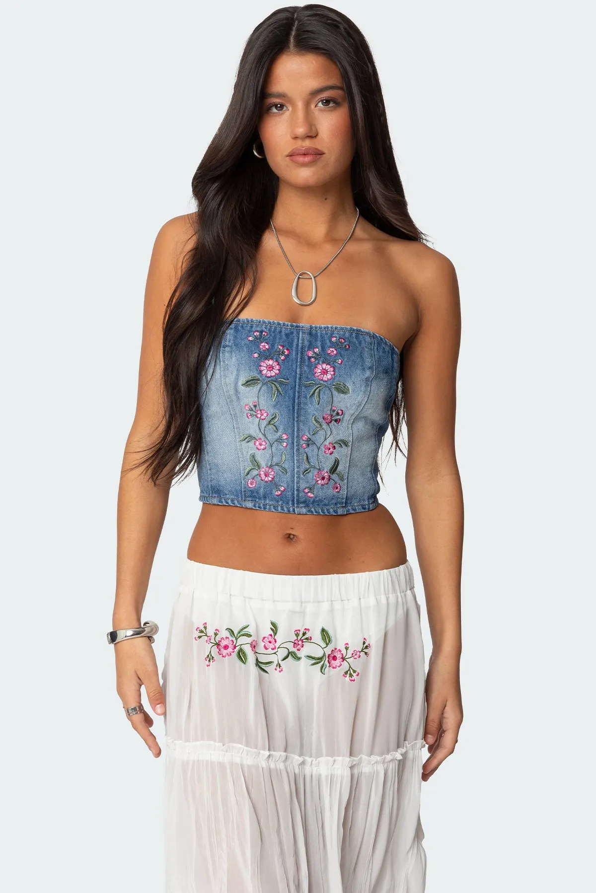 Tula Embroidered Denim Corset sold by Edikted