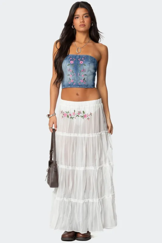 Tai Embroidered Tiered Maxi Skirt sold by Edikted