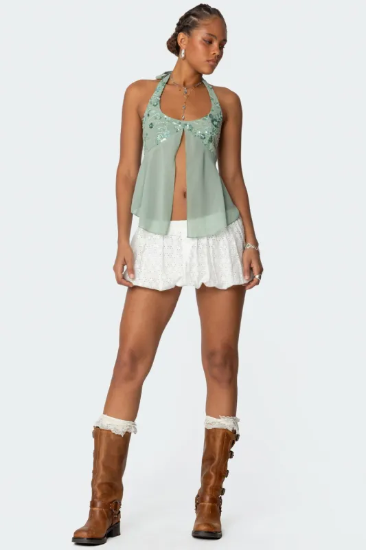 Livvie Eyelet Bubble Mini Skirt sold by Edikted