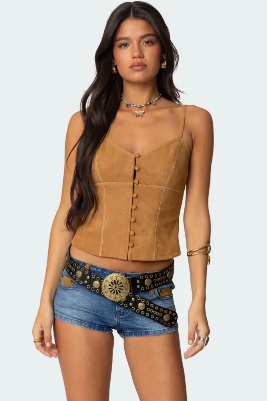 Tori Faux Suede Button Up Top sold by Edikted